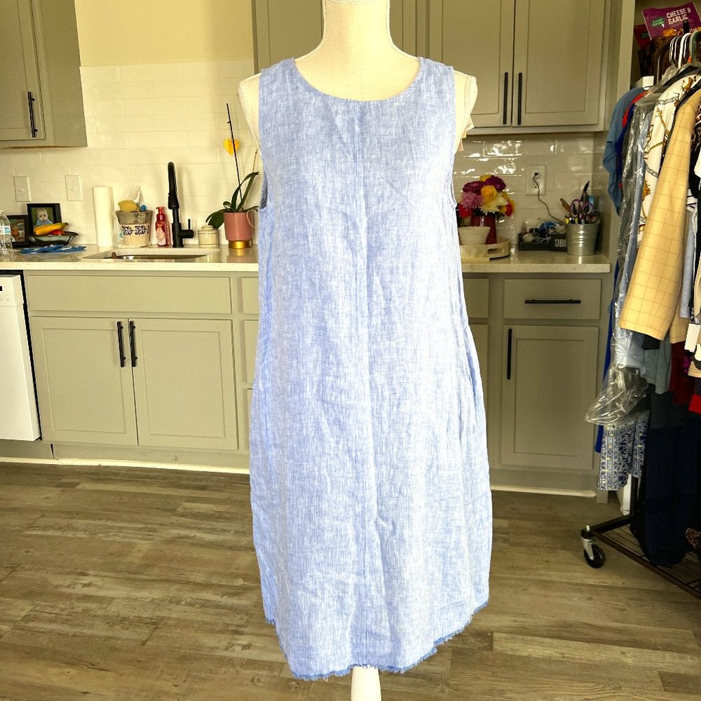 Philosophy Blue 100% Linen Dress with Pockets and Raw Hem Medium NWT